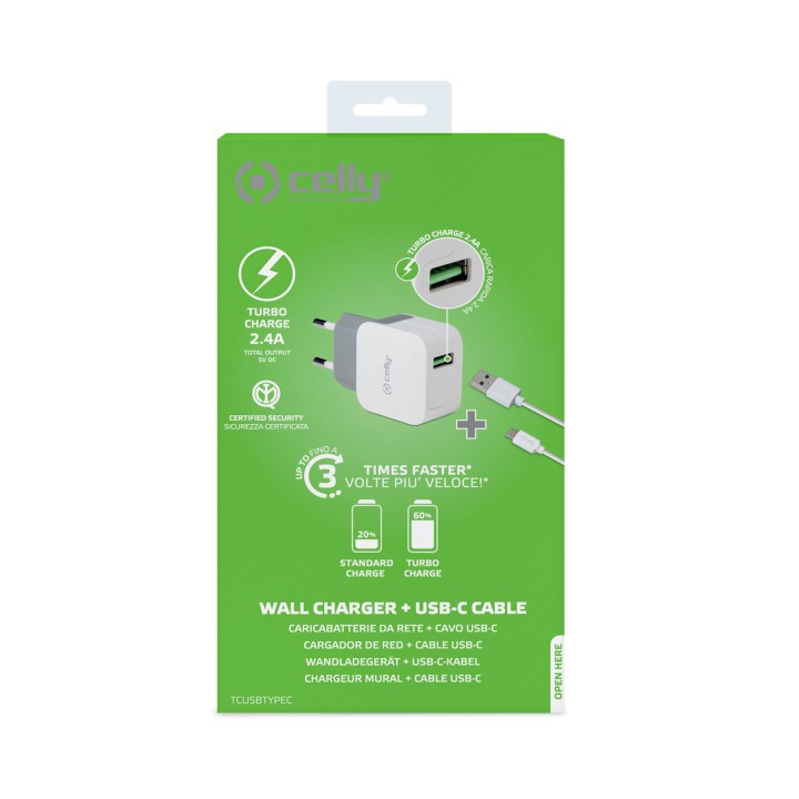 Cargador de Pared CELLY 1USB-A Cable USB-C (TCUSBTYPEC)