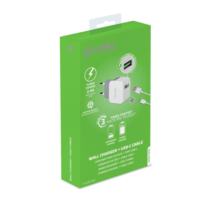 Cargador de Pared CELLY 1USB-A Cable USB-C (TCUSBTYPEC)