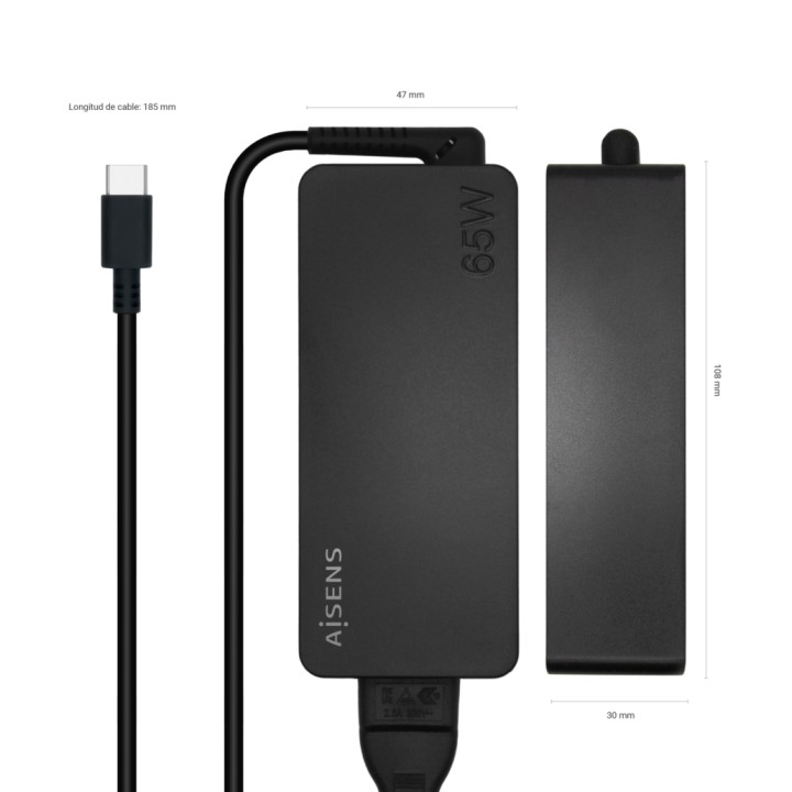 Cargador Pared AISENS 65W USB-C Negro (ASCH-1PD65D-BK)
