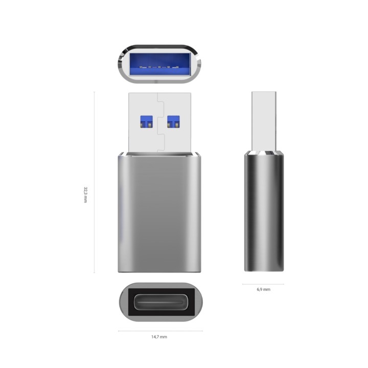 Adaptador AISENS USB-A/M a USB-C/H Gris (A108-0677)