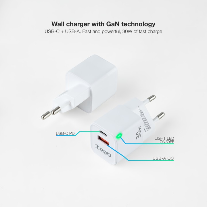 Cargador de Pared TooQ 30W USB-A/C (TQWC-GANQCPD30WT)