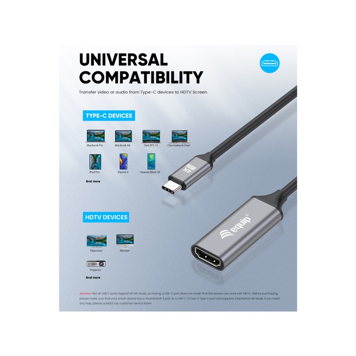 Cable EQUIP USB-C/M a HDMI/H 15cm Negro/Gris (EQ133491)