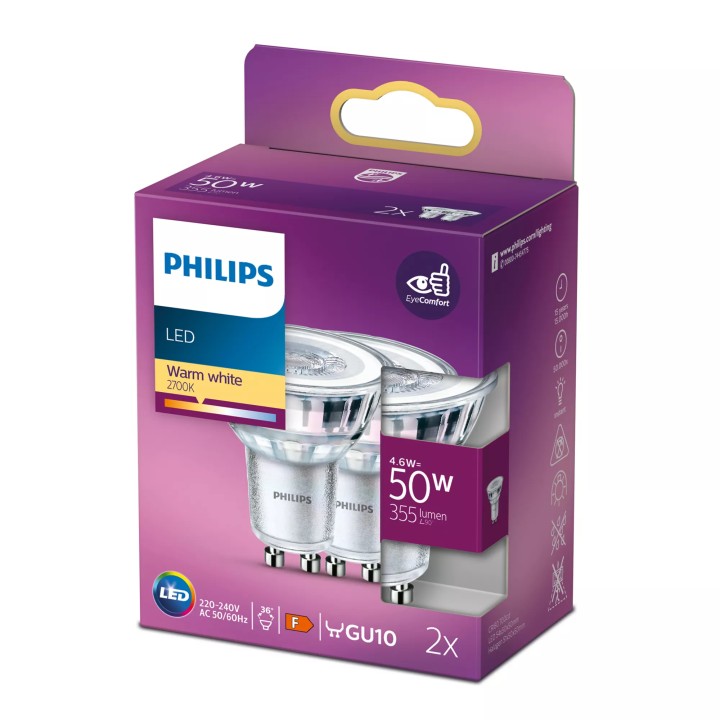 Foco Philips LED Cálido GU10 4.6W Pack 2 (9290012152C)