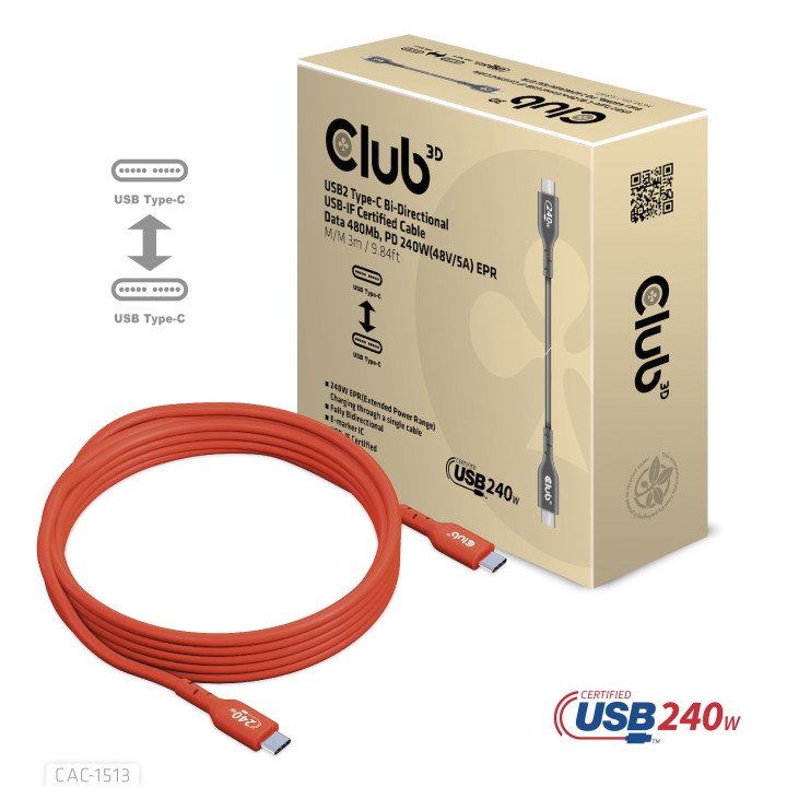Cable Club 3D USB-C PD 240W 3m M/M Naranja CAC-1513