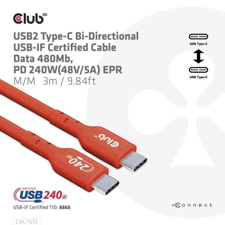 Cable Club 3D USB-C PD 240W 3m M/M Naranja CAC-1513
