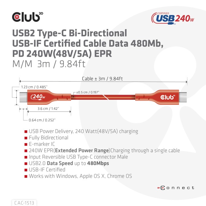 Cable Club 3D USB-C PD 240W 3m M/M Naranja CAC-1513