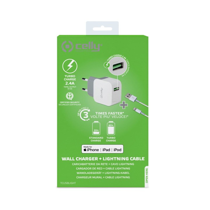 Cargador Pared CELLY USB-A Cable Lightning (TCUSBLIGHT)