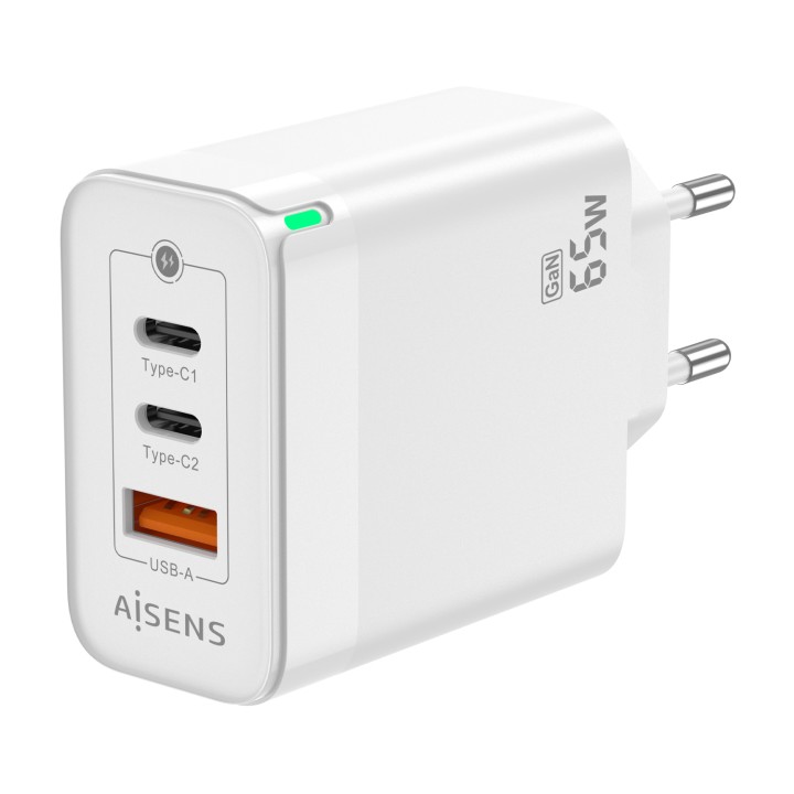 Cargador Pared AISENS 2Usb-C Usb-A 65W(ASCH-65W3P007-W)