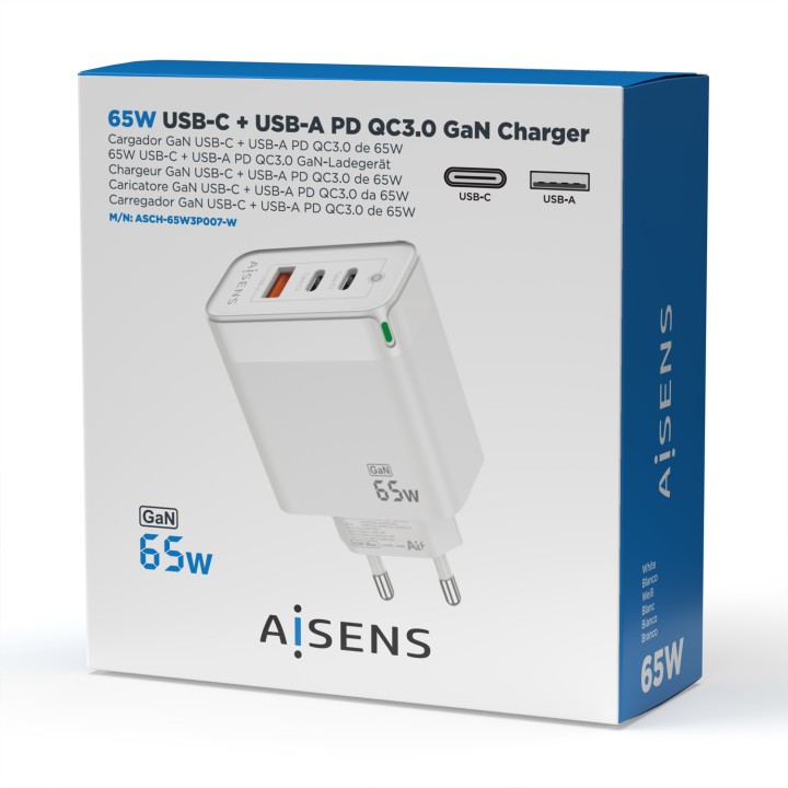 Cargador Pared AISENS 2Usb-C Usb-A 65W(ASCH-65W3P007-W)