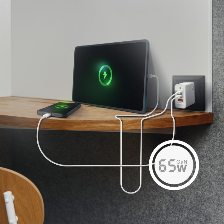 Cargador Pared AISENS 2Usb-C Usb-A 65W(ASCH-65W3P007-W)