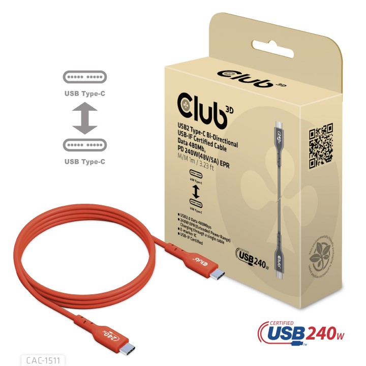 Cable Club 3D USB-C PD 240W 1m M/M Naranja CAC-1511