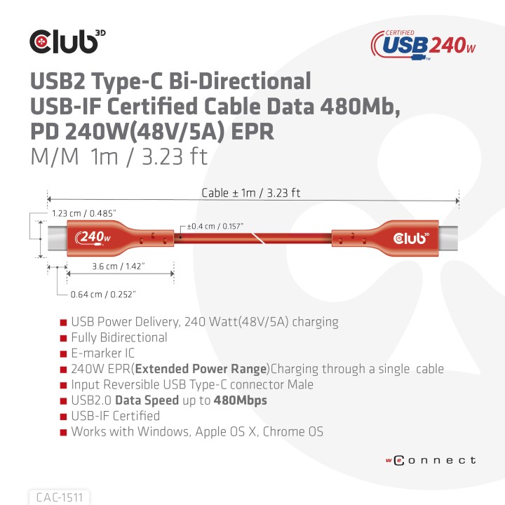 Cable Club 3D USB-C PD 240W 1m M/M Naranja CAC-1511