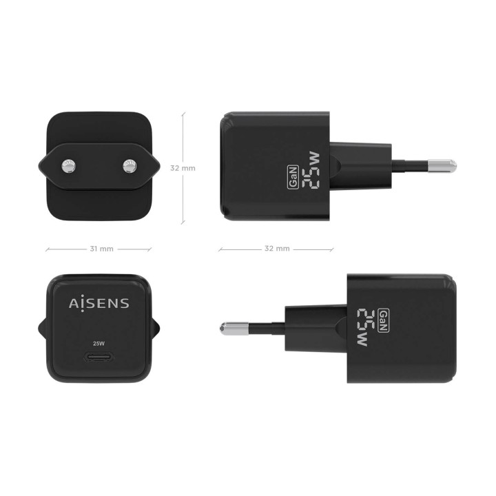 Cargador Pared AISENS GaN 25W USB-C (ASCH-25W1P013-BK)