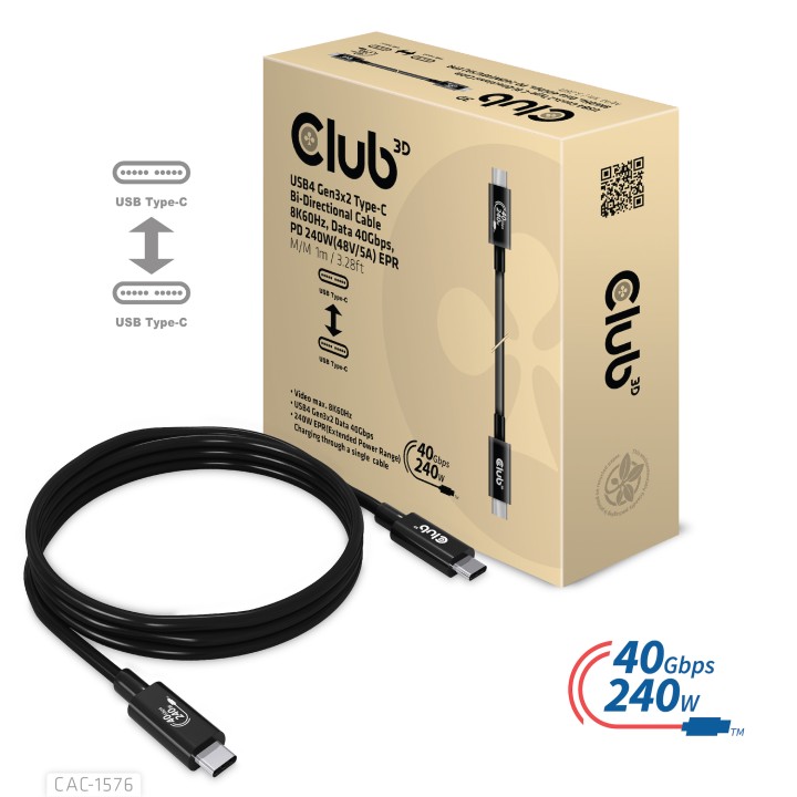 Cable Club 3D USB-C 4/M a USB-C 4/M 1m Negro (CAC-1576)