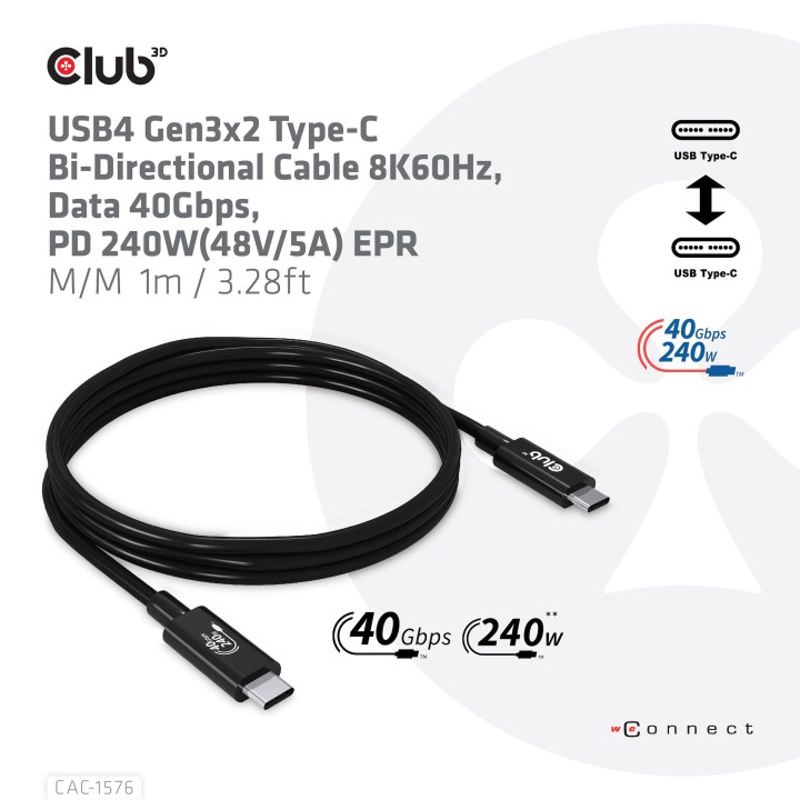 Cable Club 3D USB-C 4/M a USB-C 4/M 1m Negro (CAC-1576)