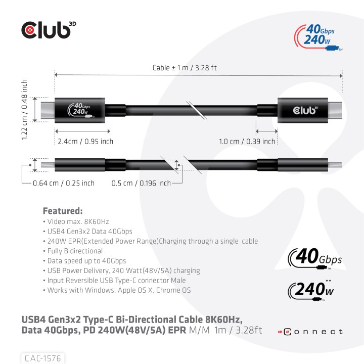 Cable Club 3D USB-C 4/M a USB-C 4/M 1m Negro (CAC-1576)