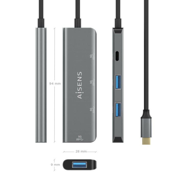 Hub AISENS USB-C a 3xUSB-A 1xUSB-C 15cm Gris(A109-0762)
