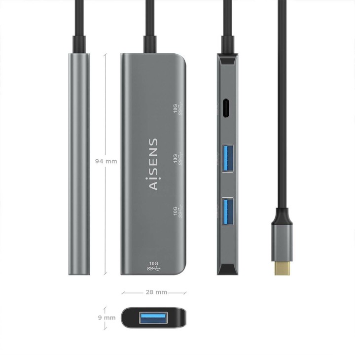 Hub AISENS USB-C a 3xUSB-A 1xUSB-C 15cm Gris(A109-0764)