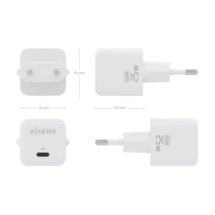 Cargador Pared AISENS GaN 25W USB-C (ASCH-25W1P012-W)