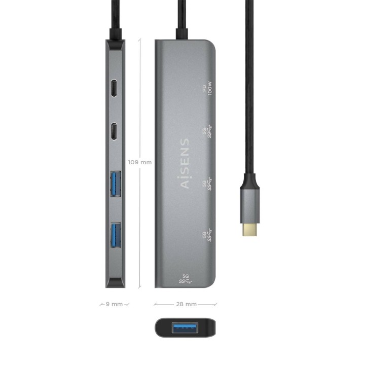 Hub AISENS USB-C 3.1 a 2xUSB-A/3xUSB-C Gris (A109-0857)