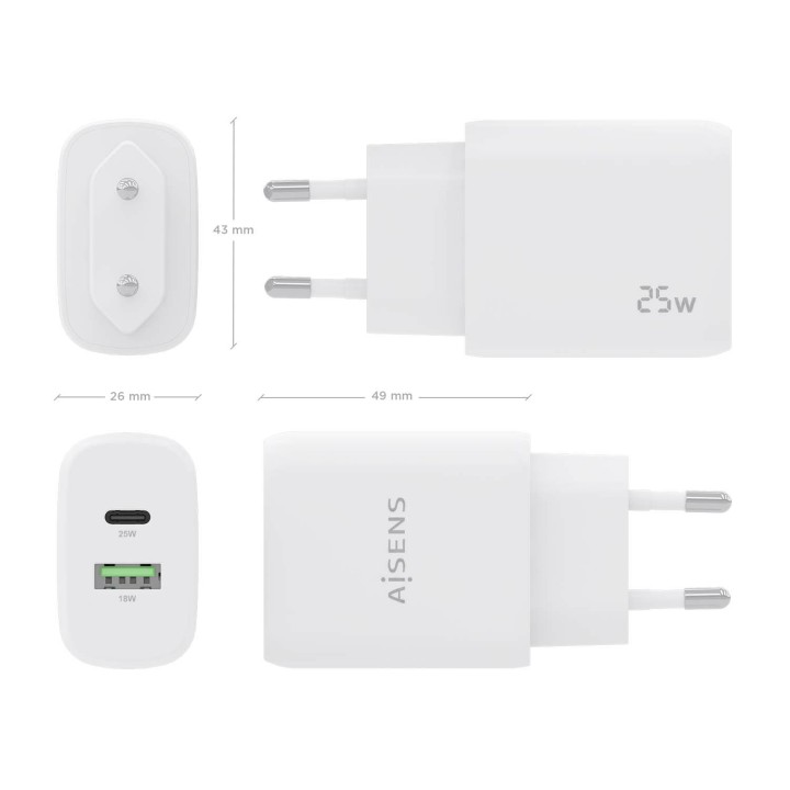 Cargador Pared AISENS USB-C USB-A 25W Blanco(A110-0758)