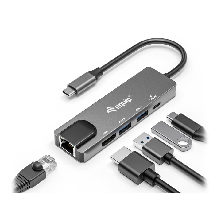 Adaptador EQUIP USB-C 5en1 HDMI RJ45 Gris (EQ133489)