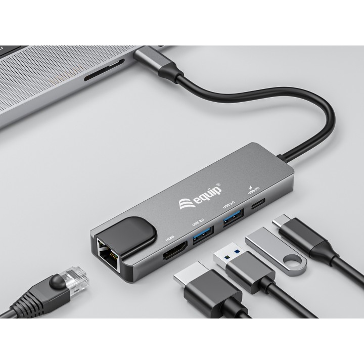 Adaptador EQUIP USB-C 5en1 HDMI RJ45 Gris (EQ133489)