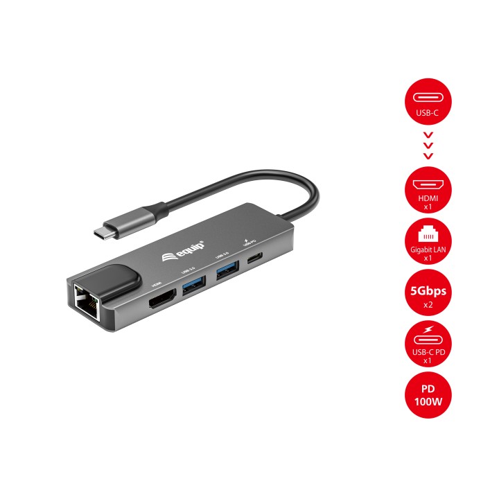 Adaptador EQUIP USB-C 5en1 HDMI RJ45 Gris (EQ133489)