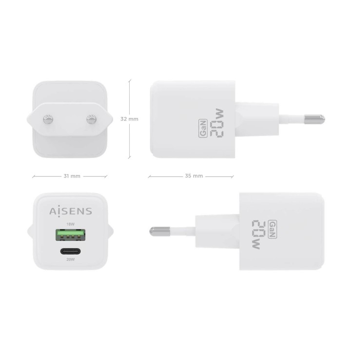 Cargador Pared AISENS GaN 20W USB-A/C (ASCH-20W2P010-W)