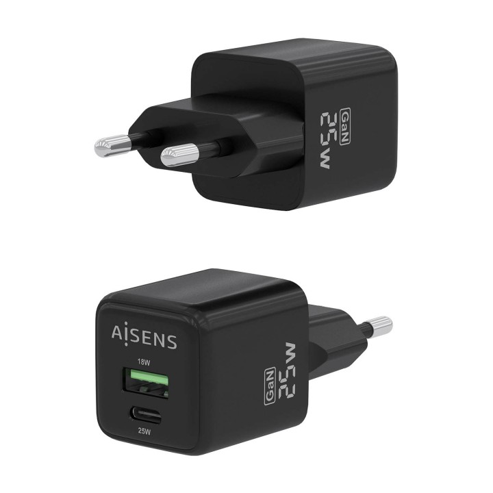 Cargador Pared AISENS GaN 25W USB-A/C(ASCH-25W2P015-BK)