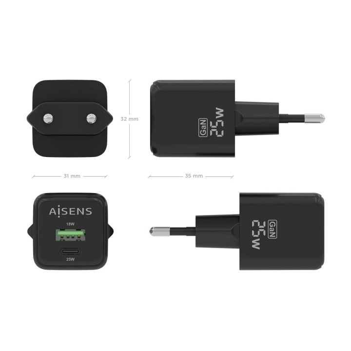 Cargador Pared AISENS GaN 25W USB-A/C(ASCH-25W2P015-BK)