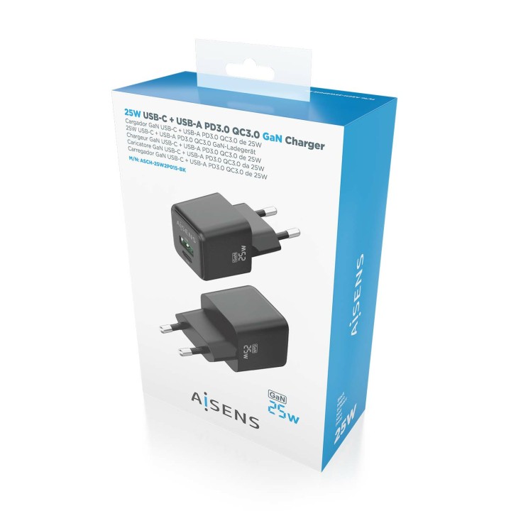 Cargador Pared AISENS GaN 25W USB-A/C(ASCH-25W2P015-BK)