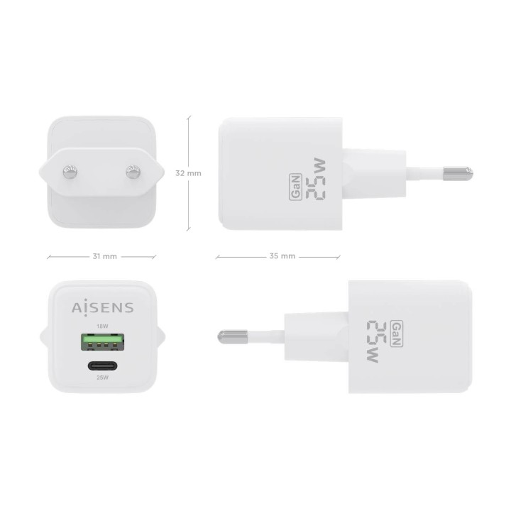 Cargador Pared AISENS GaN 25W USB-A/C (ASCH-25W2P014-W)