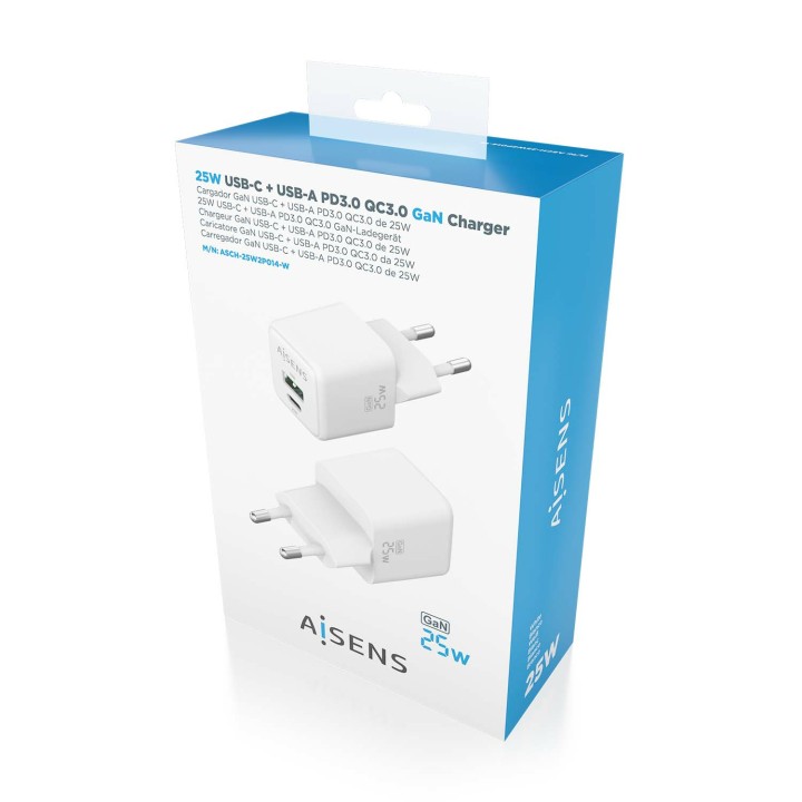 Cargador Pared AISENS GaN 25W USB-A/C (ASCH-25W2P014-W)