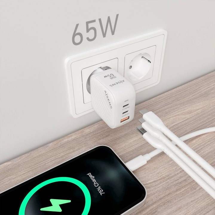 Cargador Pared AISENS USB-A 2USB-C 65W(ASCH-65W3P026-W)