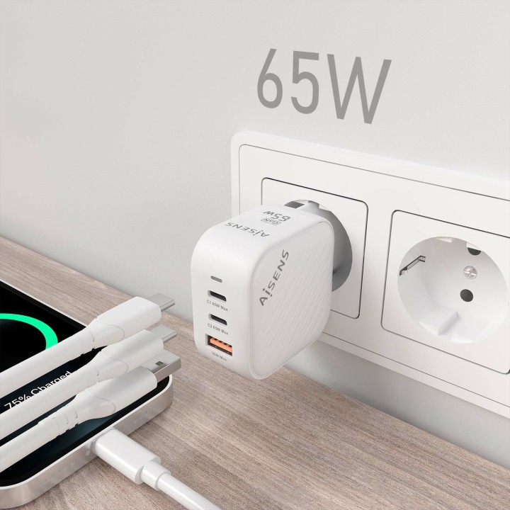 Cargador Pared AISENS USB-A 2USB-C 65W(ASCH-65W3P026-W)