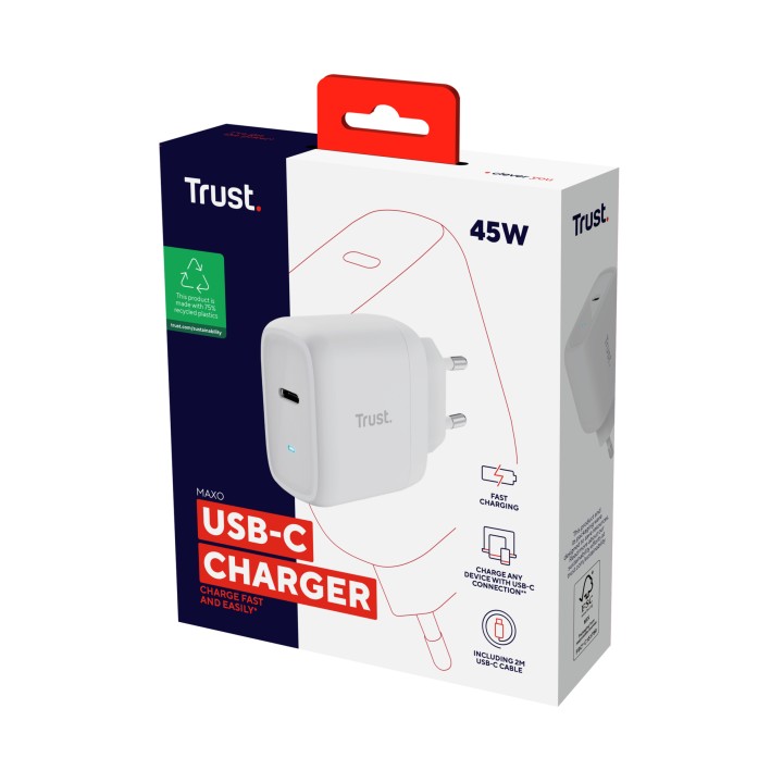 Cargador Trust Maxo 1xUSB-C 45W Pared Blanco (25138)