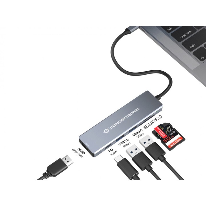 Dock CONCEPTRONIC 6en1 USB-C a HDMI/USB/SD/TF (DONN23G)