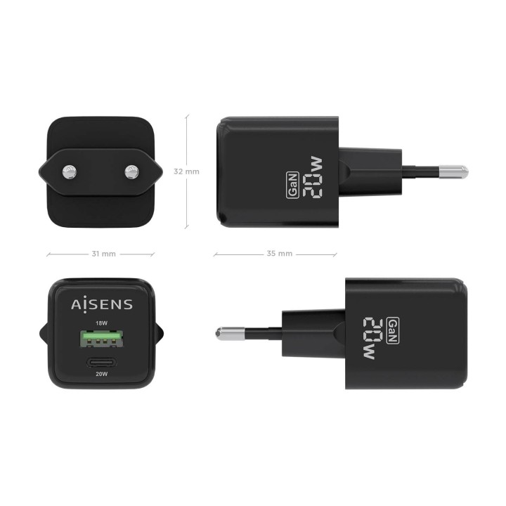 Cargador de Pared AISENS GaN USB-A/C (ASCH-20W2P011-BK)