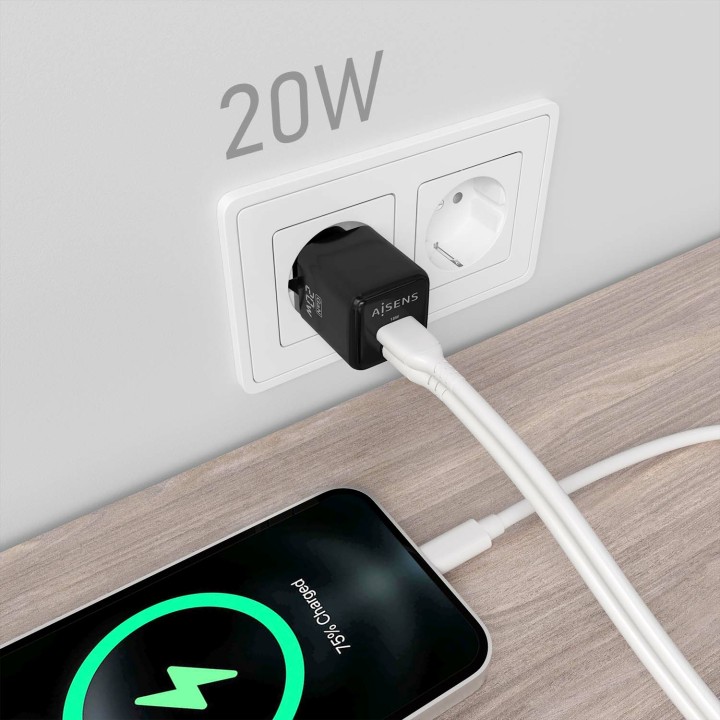 Cargador de Pared AISENS GaN USB-A/C (ASCH-20W2P011-BK)