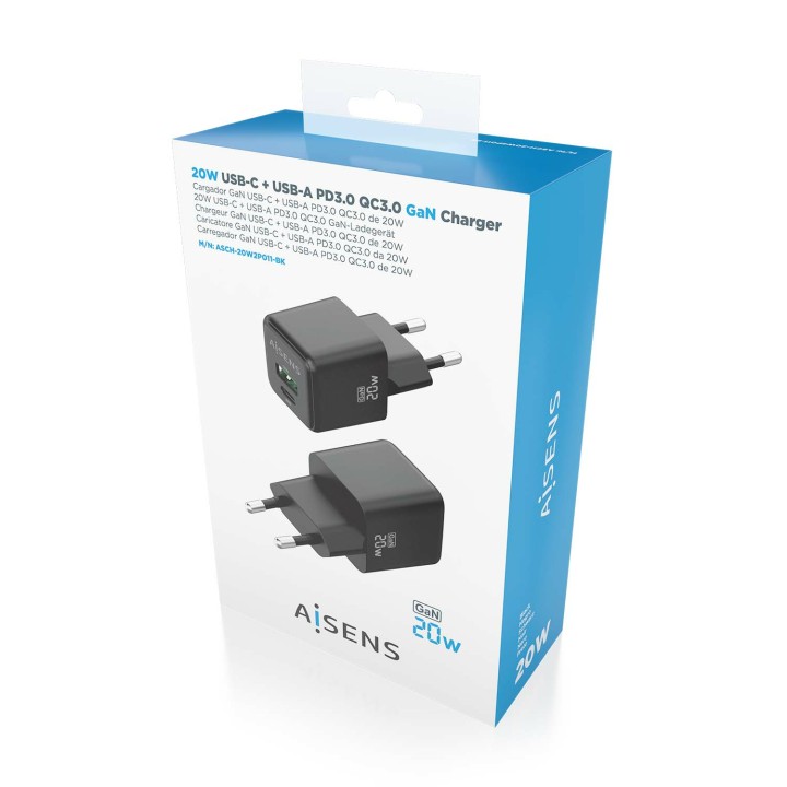 Cargador de Pared AISENS GaN USB-A/C (ASCH-20W2P011-BK)
