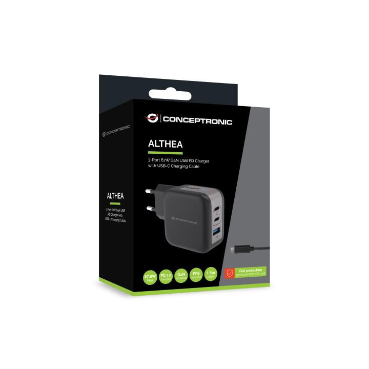 Cargador CONCEPTRONIC USB-A/C 67W Negro (ALTHEA17B)
