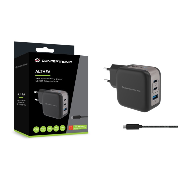 Cargador CONCEPTRONIC USB-A/C 67W Negro (ALTHEA17B)