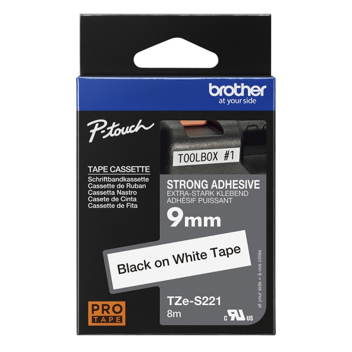 Cinta BROTHER 9mm 8m Negro sobre Blanco (TZe-S221)