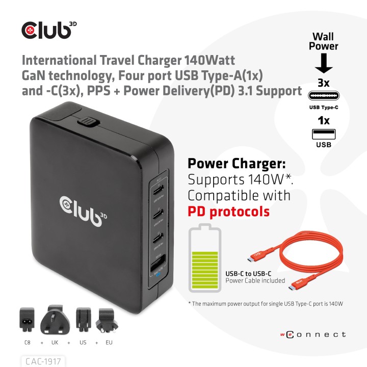 Cargador Viaje Club 3D 140W 3xUSB-C+1xUSB-A (CAC-1917)
