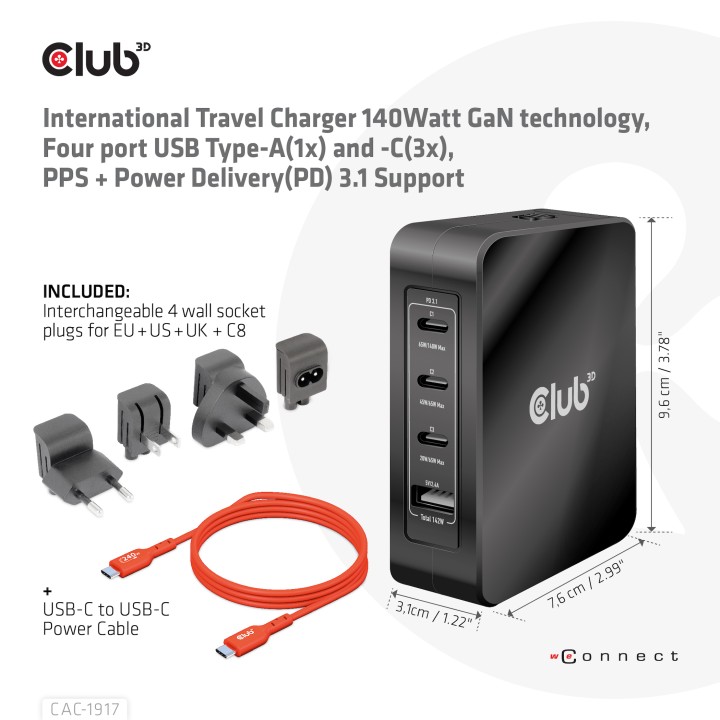 Cargador Viaje Club 3D 140W 3xUSB-C+1xUSB-A (CAC-1917)