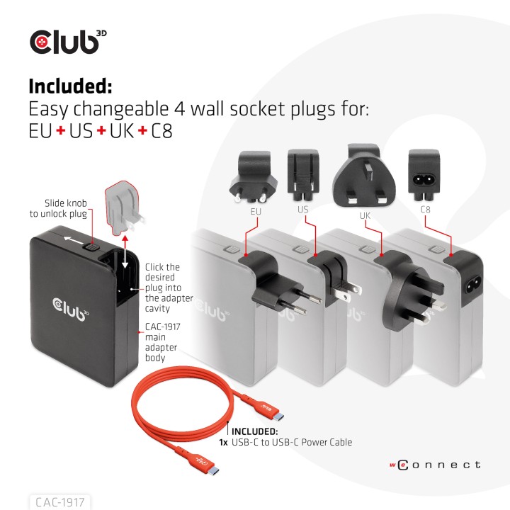 Cargador Viaje Club 3D 140W 3xUSB-C+1xUSB-A (CAC-1917)