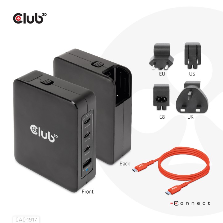 Cargador Viaje Club 3D 140W 3xUSB-C+1xUSB-A (CAC-1917)