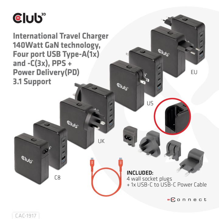 Cargador Viaje Club 3D 140W 3xUSB-C+1xUSB-A (CAC-1917)