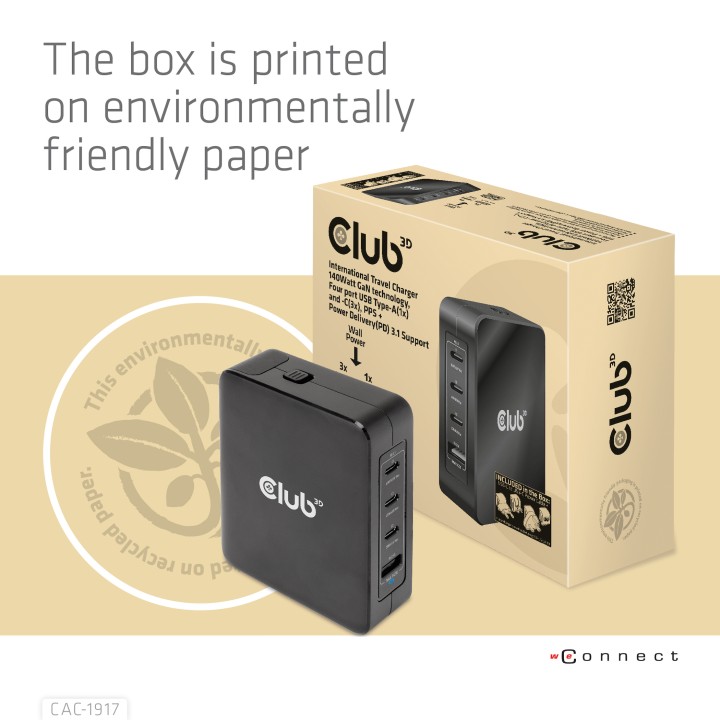 Cargador Viaje Club 3D 140W 3xUSB-C+1xUSB-A (CAC-1917)
